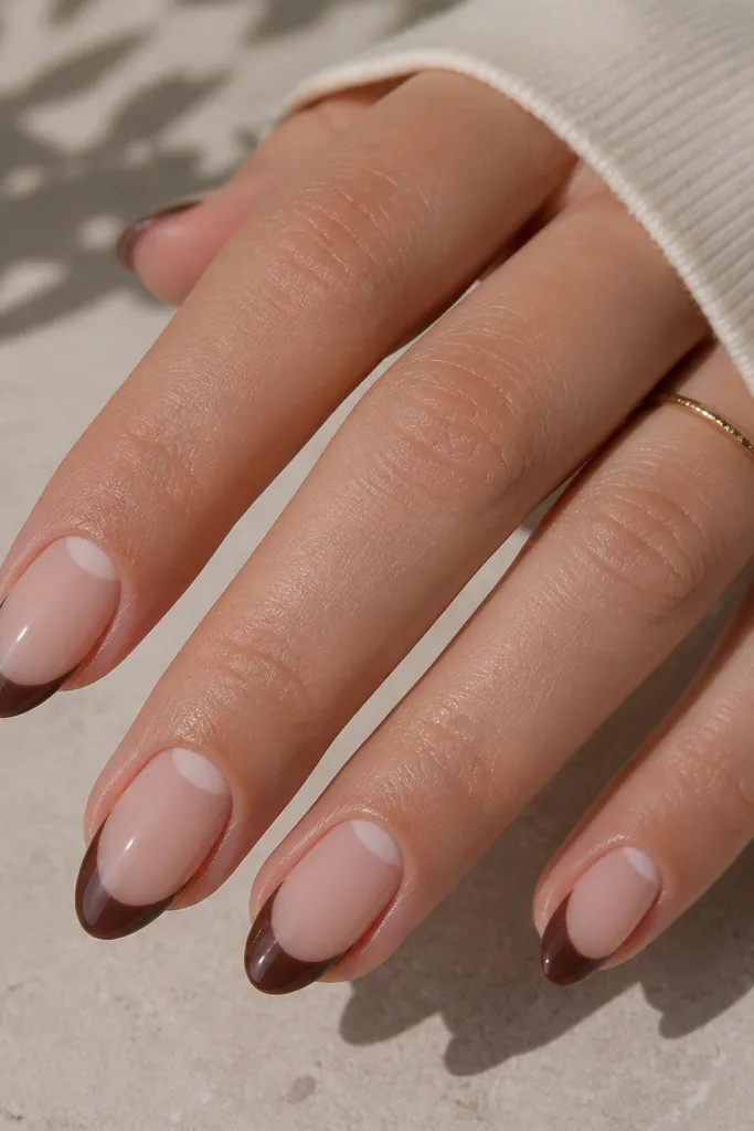 Four almond nails. The base is sheer nude. The tips are chocolate brown, but there's a small negative-space half-moon at the cuticle edge left unpainted, creating a clean crescent.