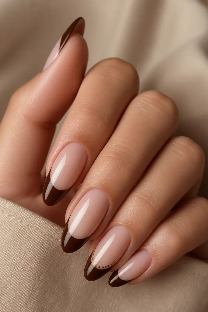 Five almond nails. Four nails have classic glossy chocolate french tips on sheer nude bases. The ring finger has the same chocolate french, but there are tiny micro dots in warm caramel along the inner edge of the tip.