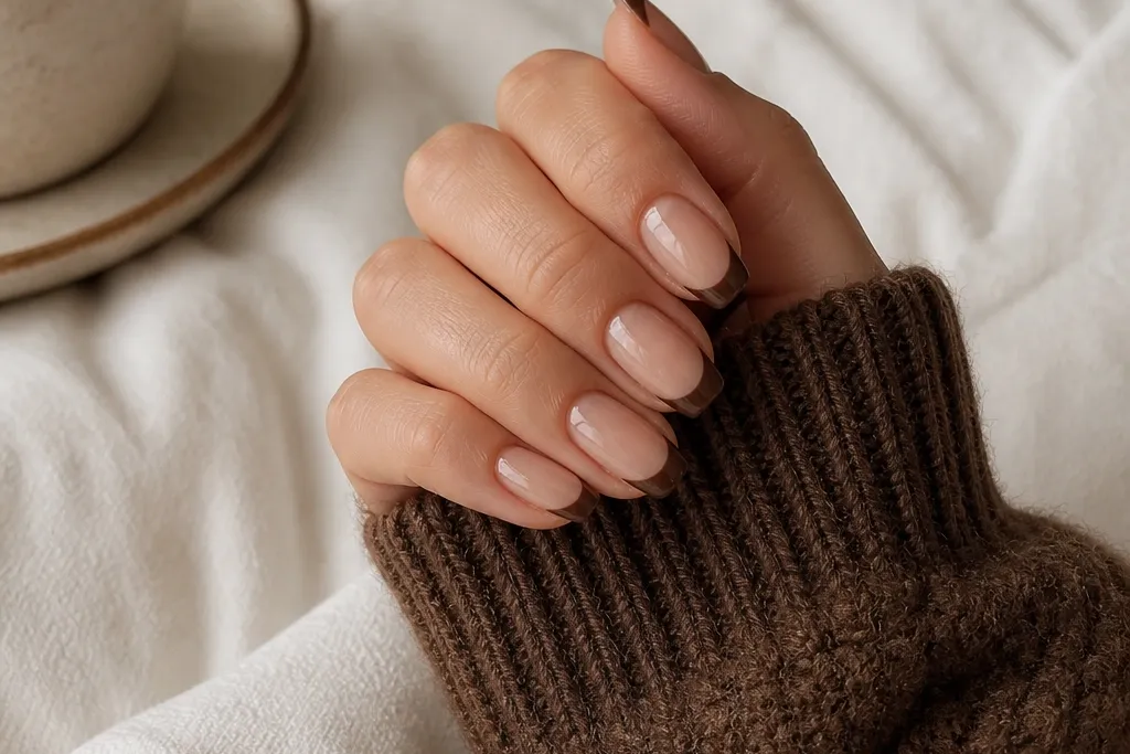 Cozy chocolate brown french tip nails