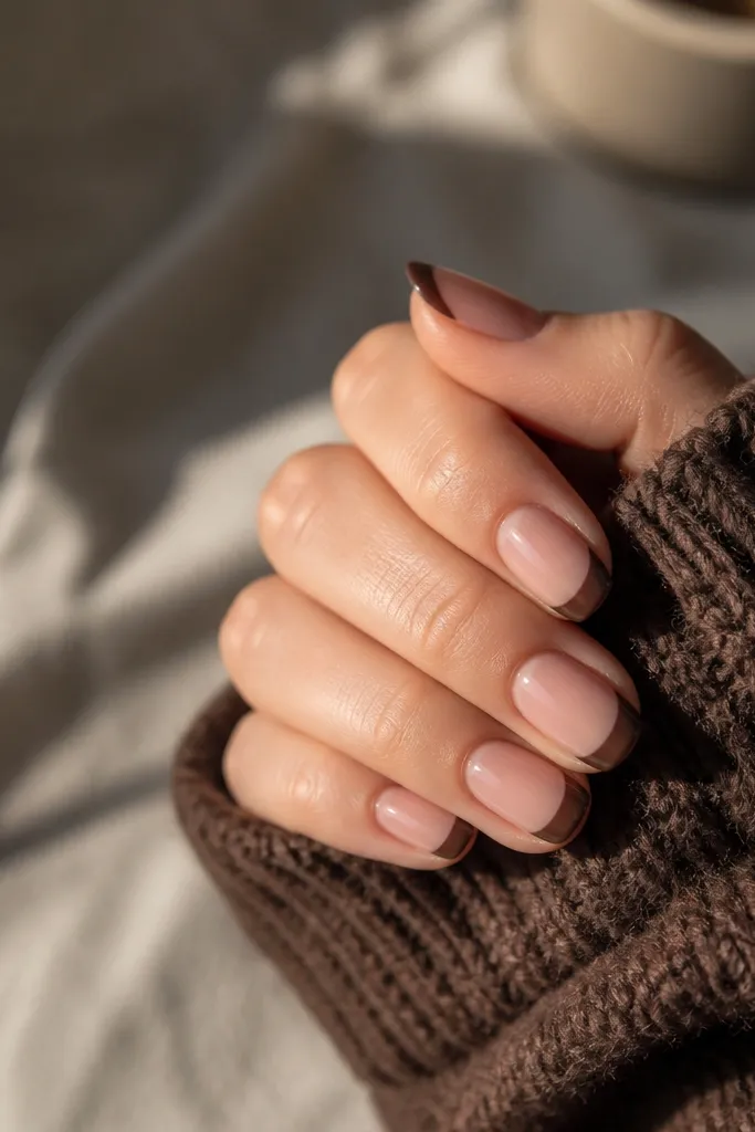 Cozy chocolate brown french tip nails