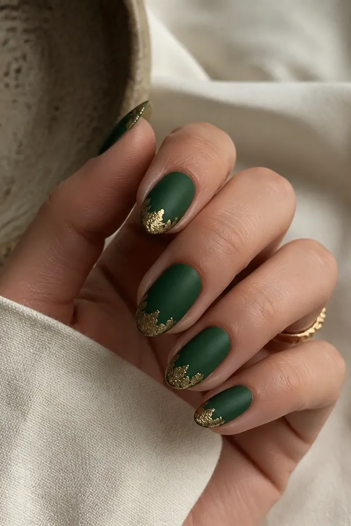 Short almond nails painted matte forest green. The tips have irregular antique gold leaf pieces, like torn foil, with no harsh straight line.