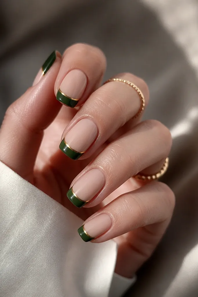 Classic French manicure on medium squoval nails: a crisp forest green tip. A hairline gold line traces the border between green and nude base.