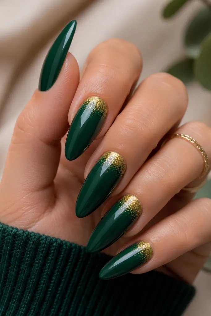 Long tapered nails with deep evergreen glossy base. A soft gold shimmer concentrates at the cuticle and fades outward, leaving most of the nail solid green.