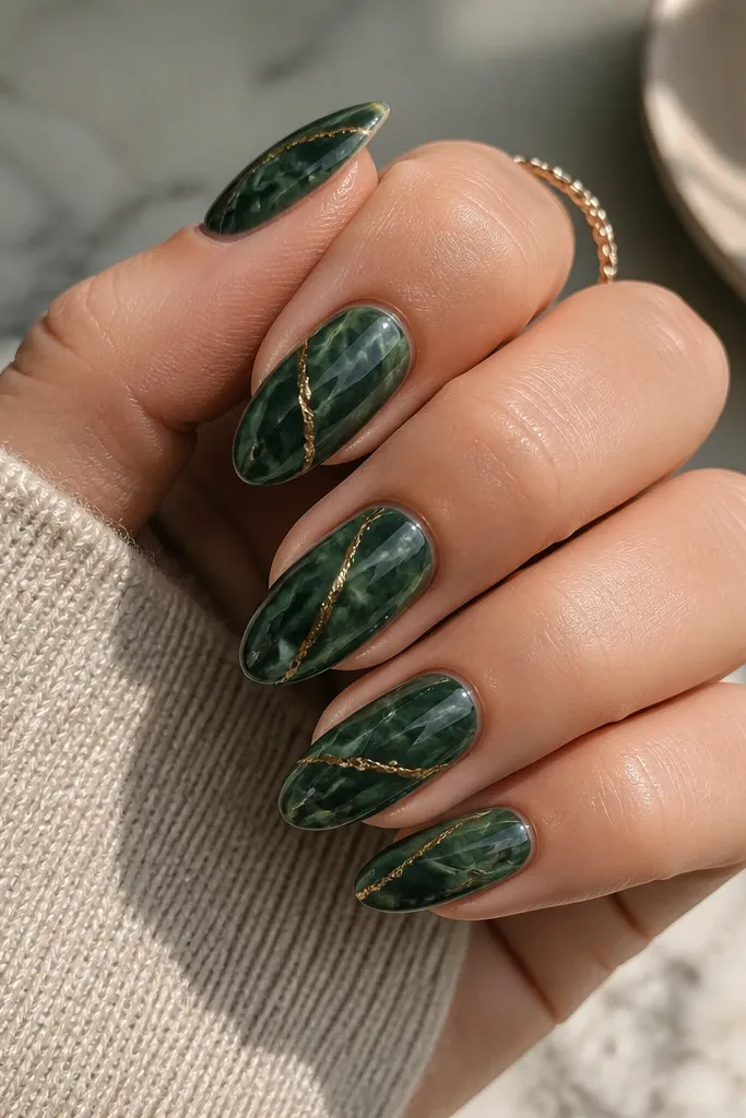 Medium almond nails with a marbled look: dark forest green swirls with thin warm gold veins running diagonally across each nail.