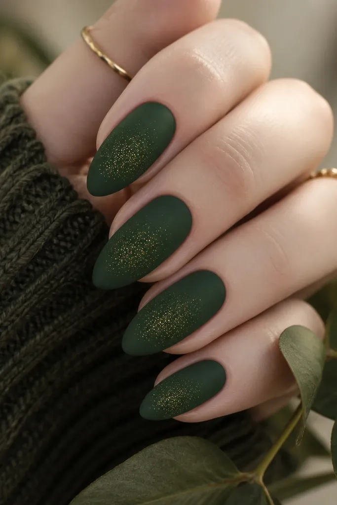 Nails coated in a velvety matte forest green. Tiny gold specks are scattered mostly around the center and near the tip.