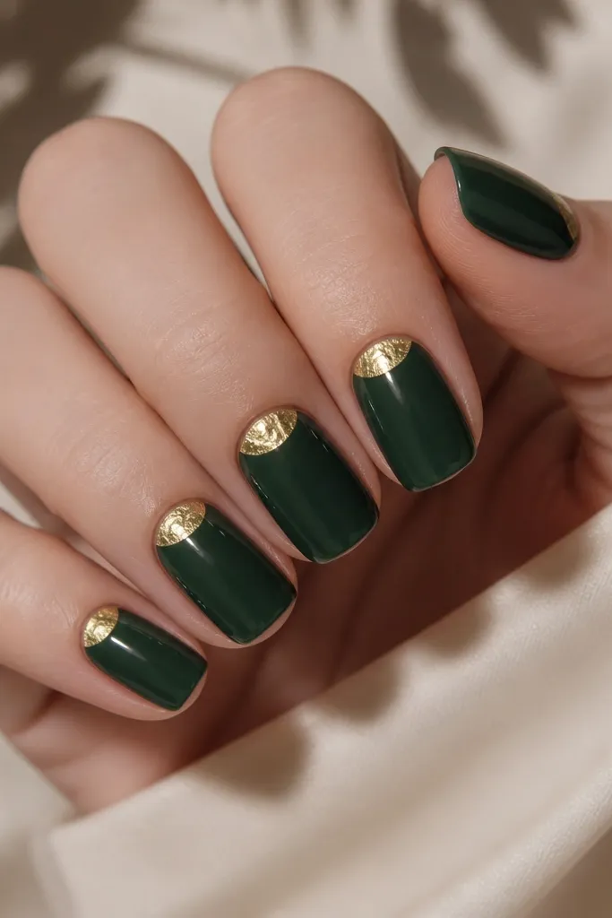 Short squoval nails with a glossy forest green base. Clean half-moon shapes at the cuticle are filled with crinkled gold foil.