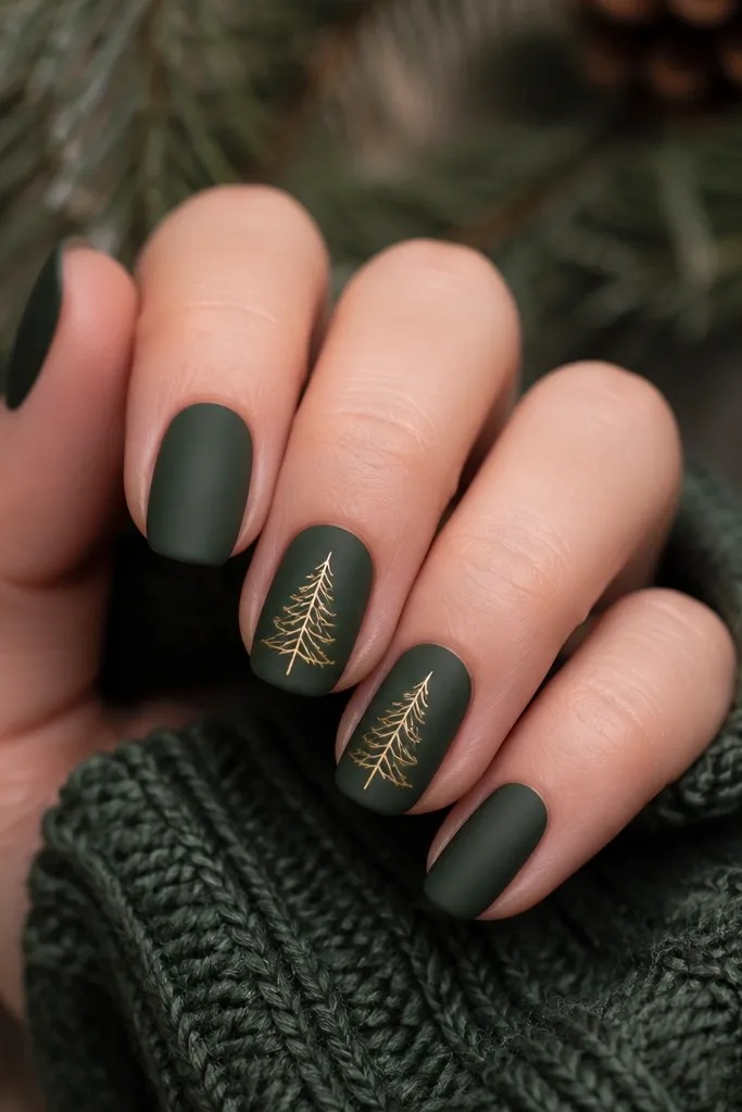 Matte forest green nails with one or two accent nails featuring simple gold pine trees. Trees are thin-lined and sit near the center of the nail.