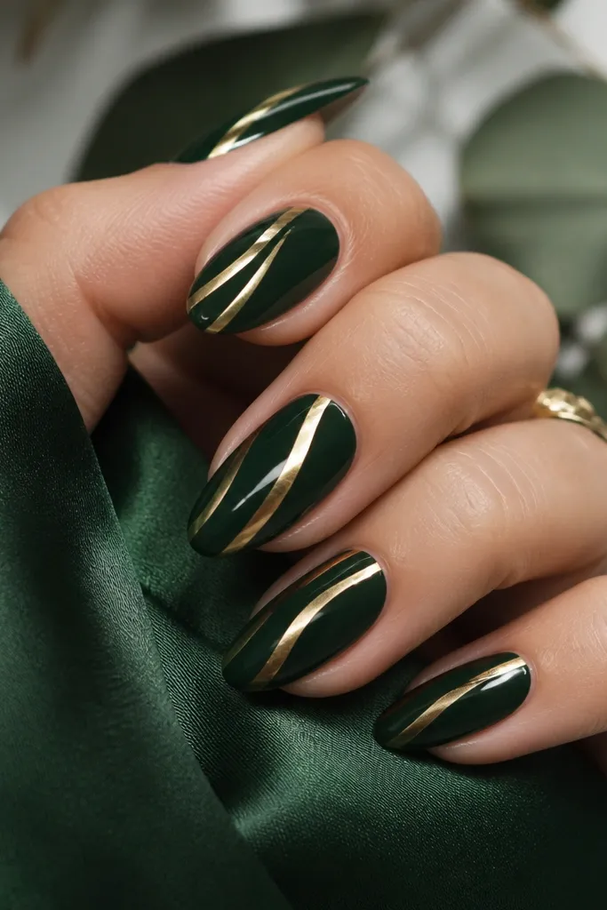 Glossy forest green nails with diagonal gold chrome streaks. The streaks have a metallic mirror look and vary in thickness.