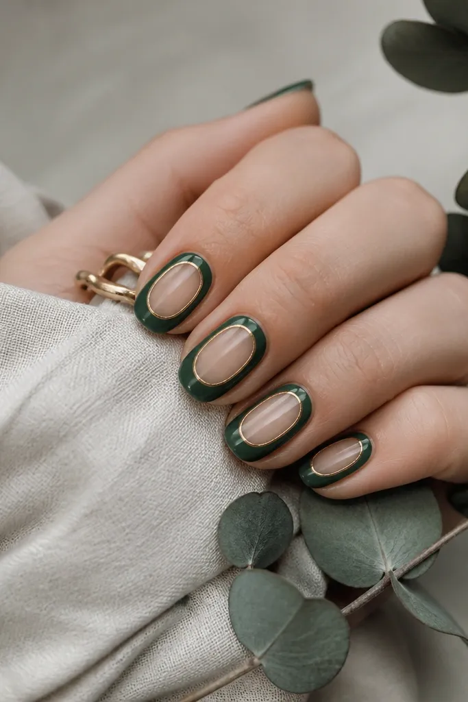 Nails show a forest green border around clear negative space in the center. Gold lines form a thin frame near the edge of the green border.