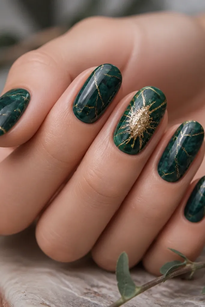 Nails with a geode effect: deep forest green base plus fractured gold lines and a gold spark center area on the accent nail.