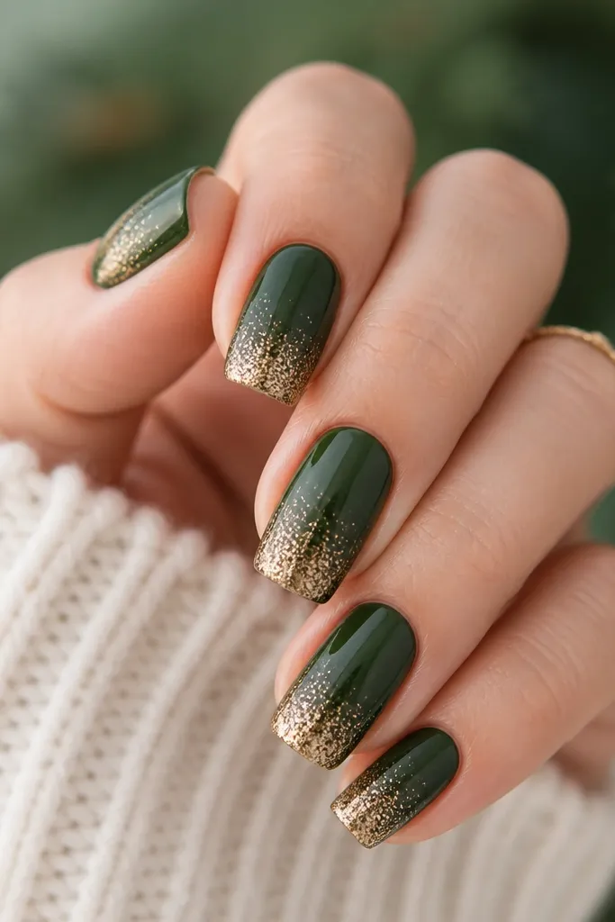 Glossy forest green nails with a soft gold glitter fade from the tip upward. Glitter is densest at the tip and thins toward mid-nail.
