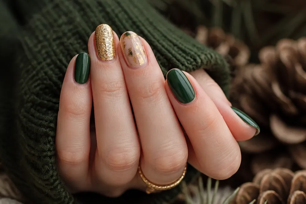 Cozy forest green and gold nails