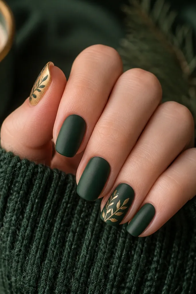 Cozy forest green and gold nails
