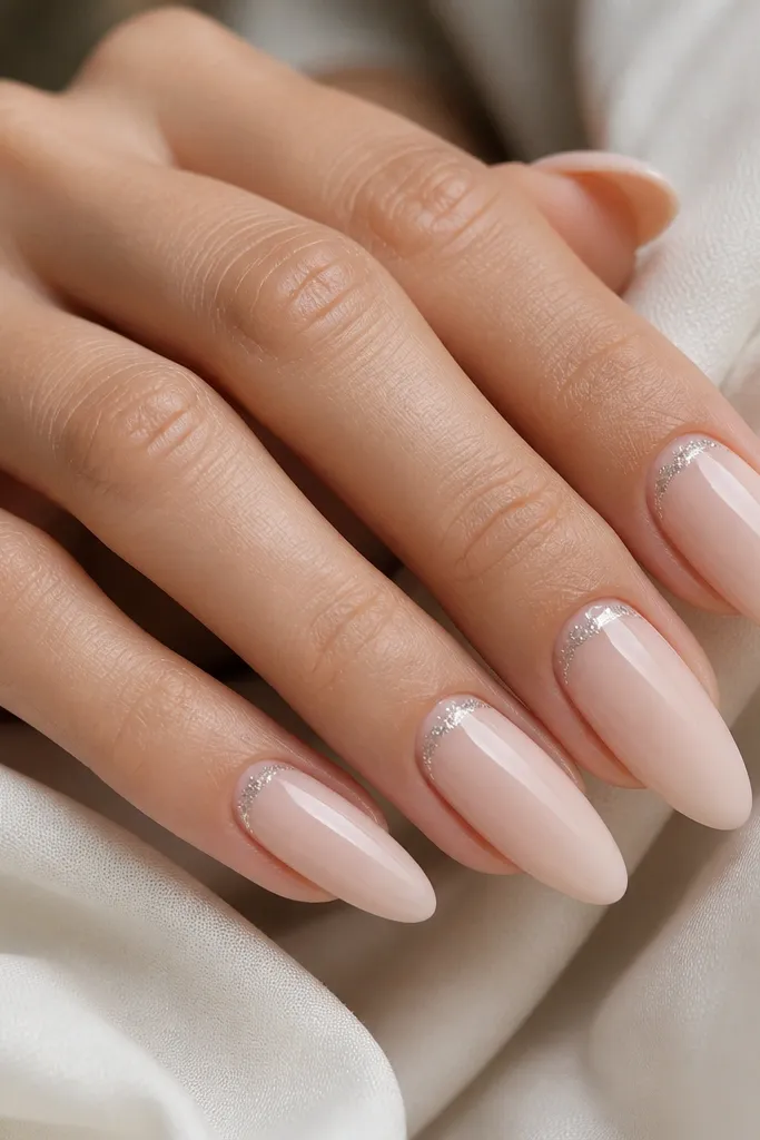 Long almond nails in a creamy blush nude. At the cuticle line there is a thin halo of fine silver micro-glitter, with the rest of the nail glossy and clean.
