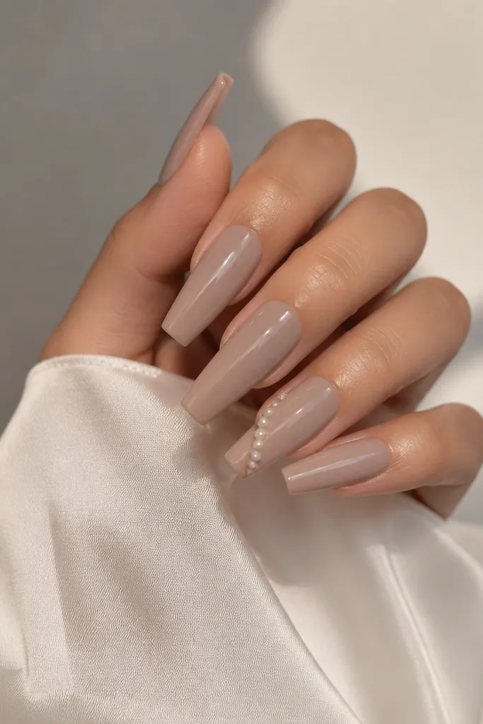 Long tapered square nails in warm taupe nude. One sidewall has three tiny off-white pearls aligned diagonally, with the rest glossy and minimal.