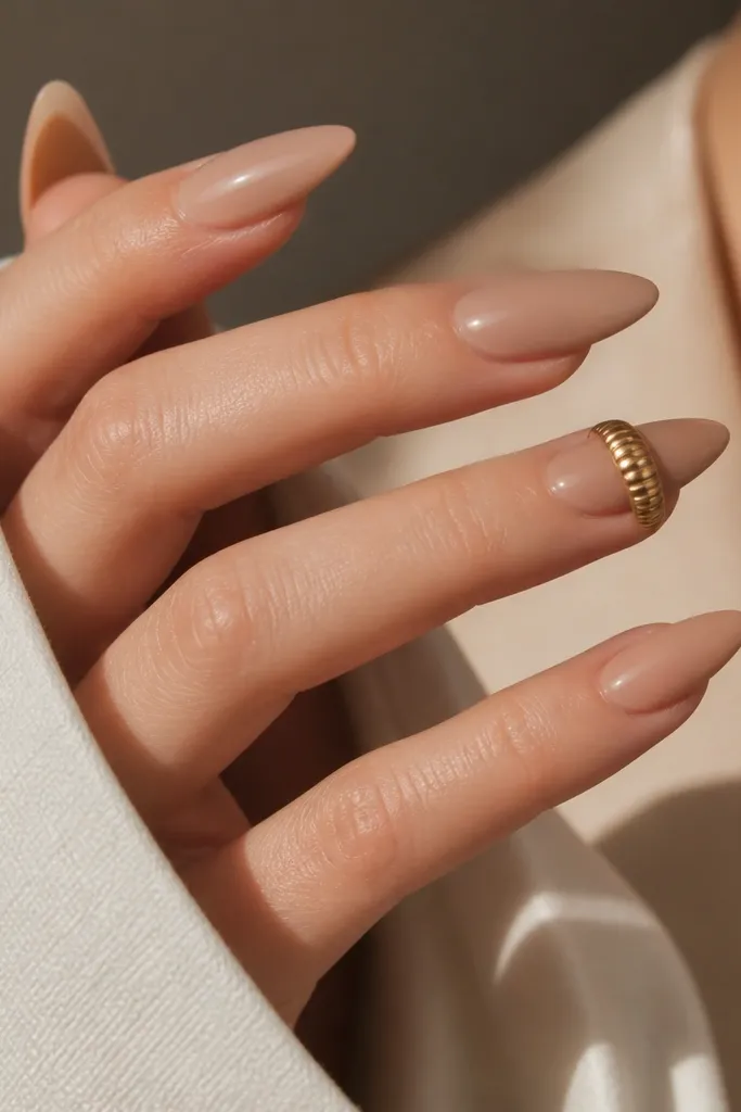 Long almond nails in peachy beige nude. The tips have a crisp matte French line, with a glossy nude base and a soft matte finish at the tip only.