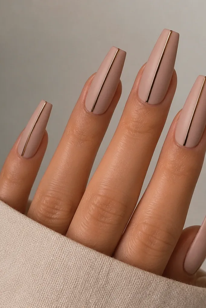 Long coffin nails in satin nude (slightly softened sheen). A single thin bronze chrome stripe runs down the center of each nail, perfectly straight.
