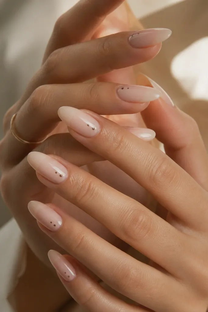 Long oval nails in milky nude. Near the cuticle, there are two to three tiny dark brown dots on each nail, with glossy finish.