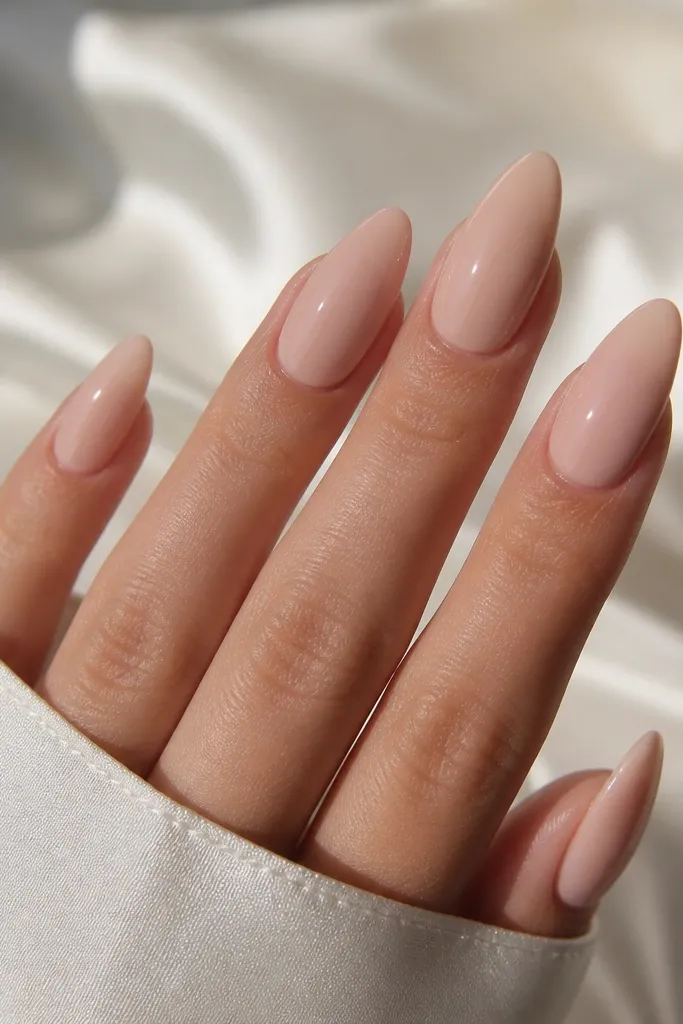 Long almond nails in blush nude. Only the ring finger has a small 3D bow near the cuticle, white with a soft pink center, glossy overall.