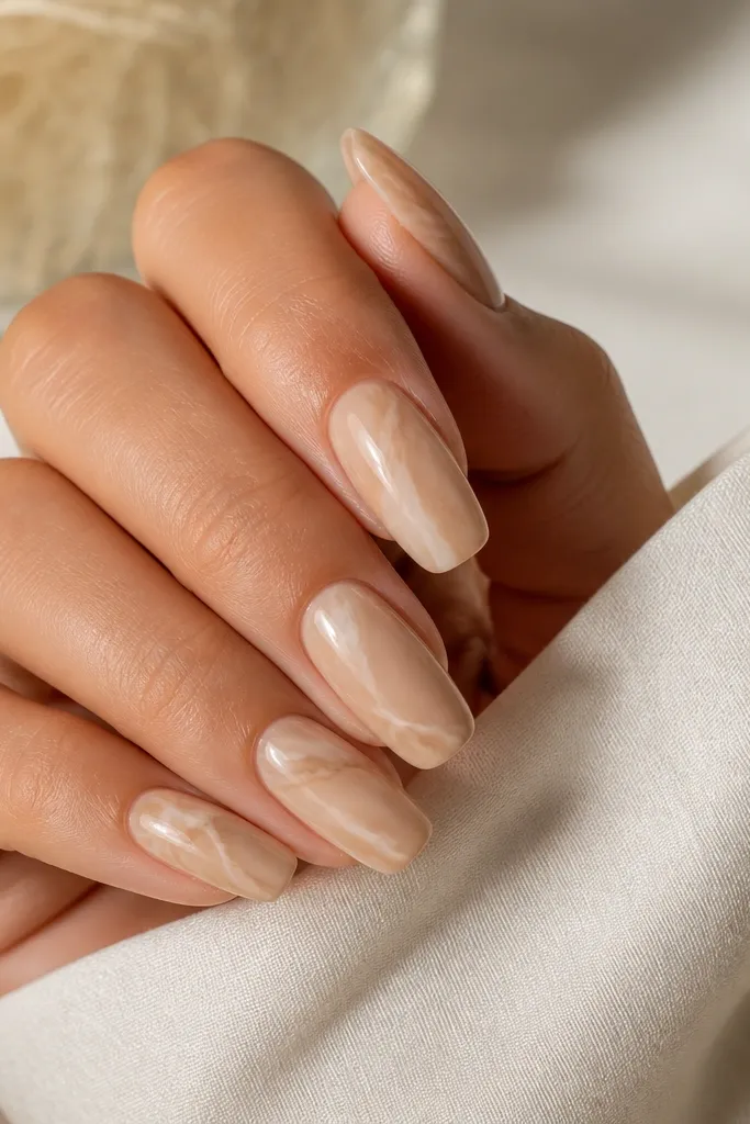 Long squoval nails in warm beige nude. Each nail has faint marbling veins in creamy white and light caramel, with glossy finish.