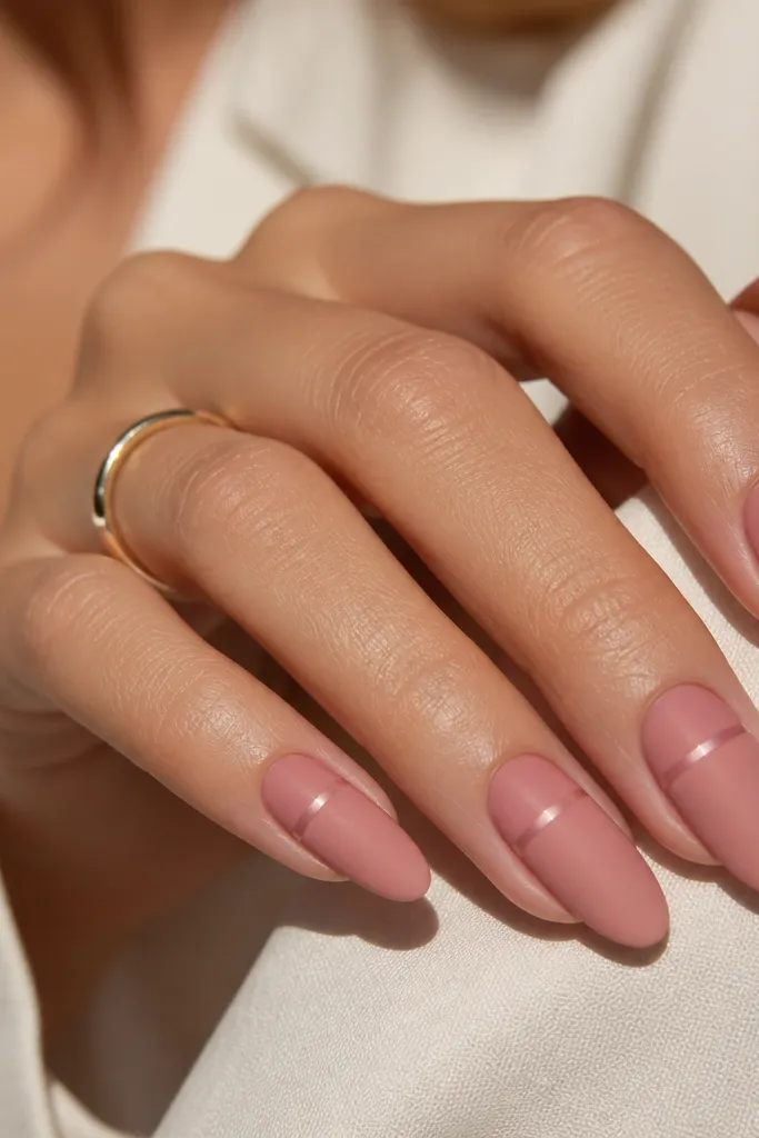 Long oval nails in rose nude. The top is matte, and a thin glossy band runs horizontally across the upper third near the tip.