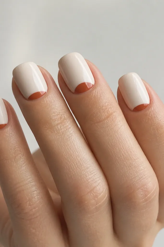 Five nails on a light background. The nails are short squoval and painted milky cream. Near each cuticle, there are tiny curved half-moons in burnt orange, like small crescents. The rest of the nail is clean and glossy, with one nail showing slightly larger moons.