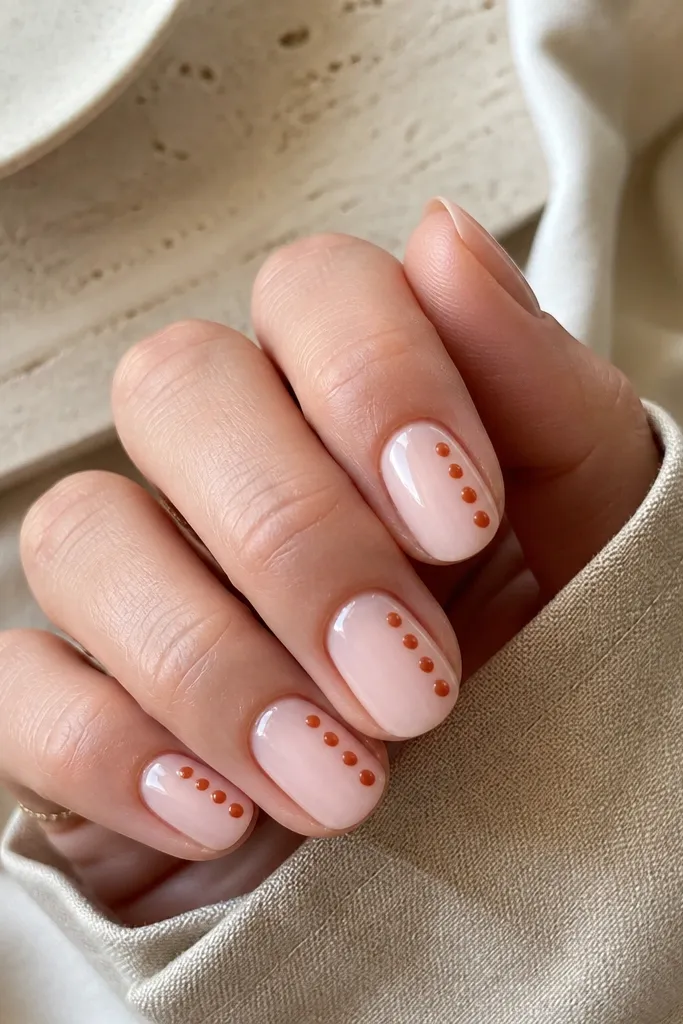 Nails are painted a sheer nude-pink. Along one side of each nail, there's a vertical row of small burnt orange dots, evenly spaced from just above the middle to near the tip. The dots look crisp and round, with a glossy finish.