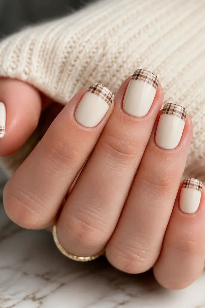 Short squoval nails with a warm cream base. Only the tips have a mini plaid pattern: thin chocolate-brown lines form small squares. Some squares are filled slightly darker, like a simple checkered scarf. Glossy top coat makes it look crisp.