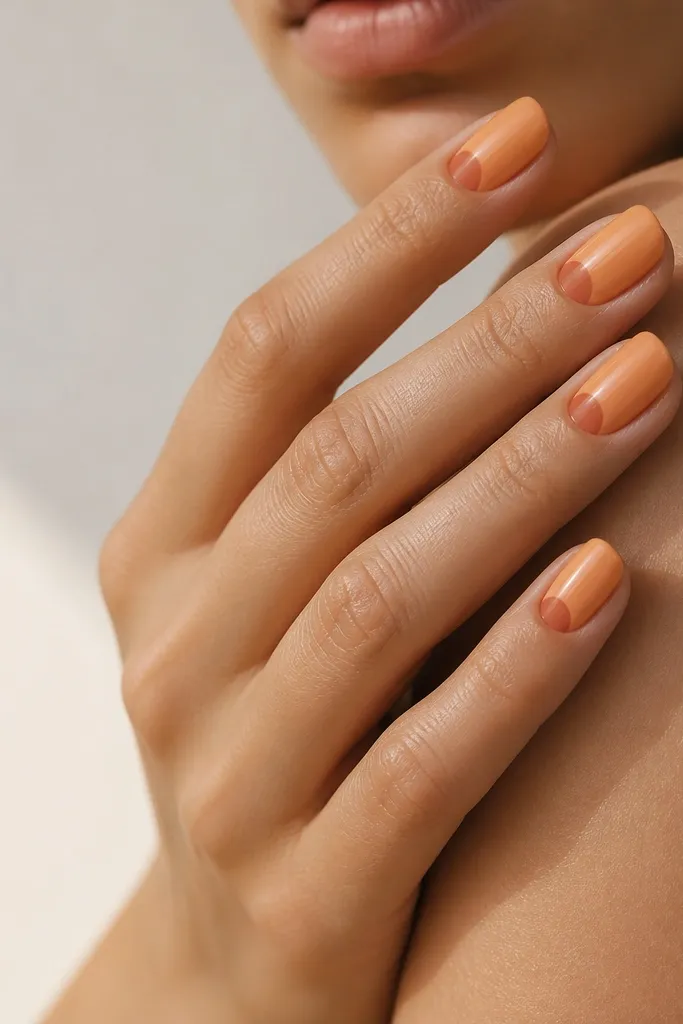 Nails painted milky orange-peach. Half-moon shapes sit at the cuticle in a slightly deeper orange-brown shade, but there's no black outline. The overall look is smooth, with a gentle gradient-like contrast.