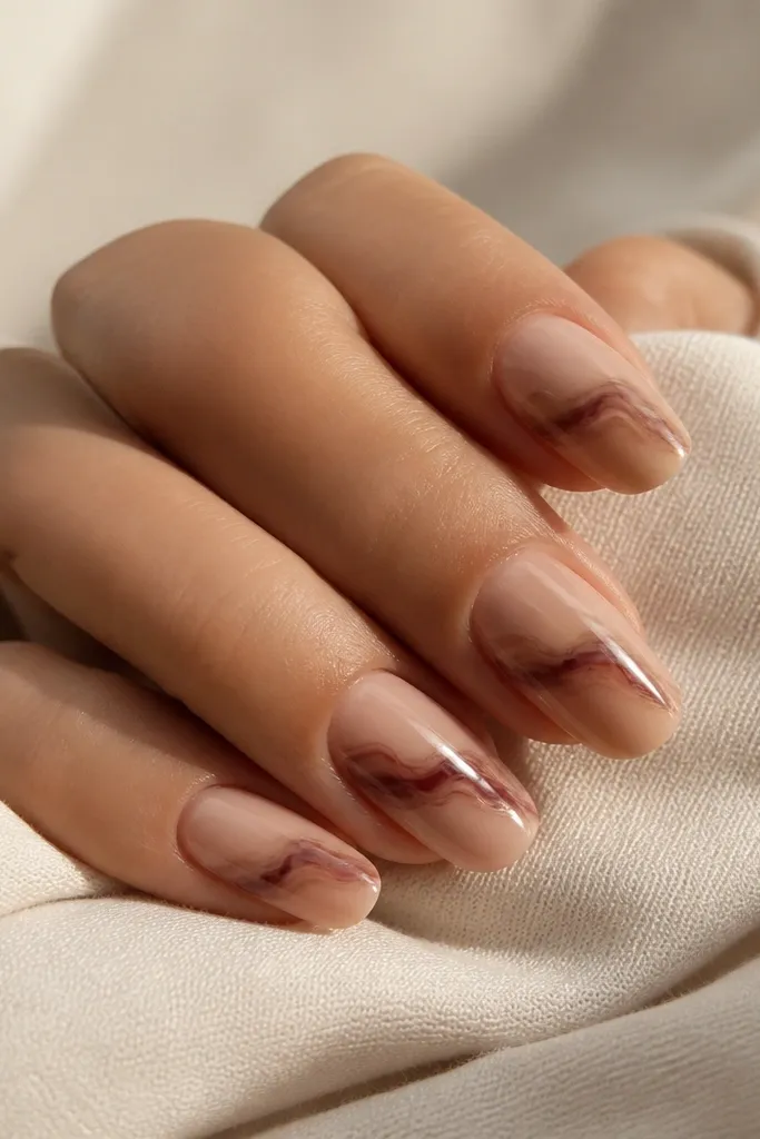Nails are painted warm nude. Each nail has a thin marble-like swipe near the center in spiced wine and a touch of caramel brown. The swipes look like they were dragged with a brush, with soft grayish-brown movement and glossy finish.