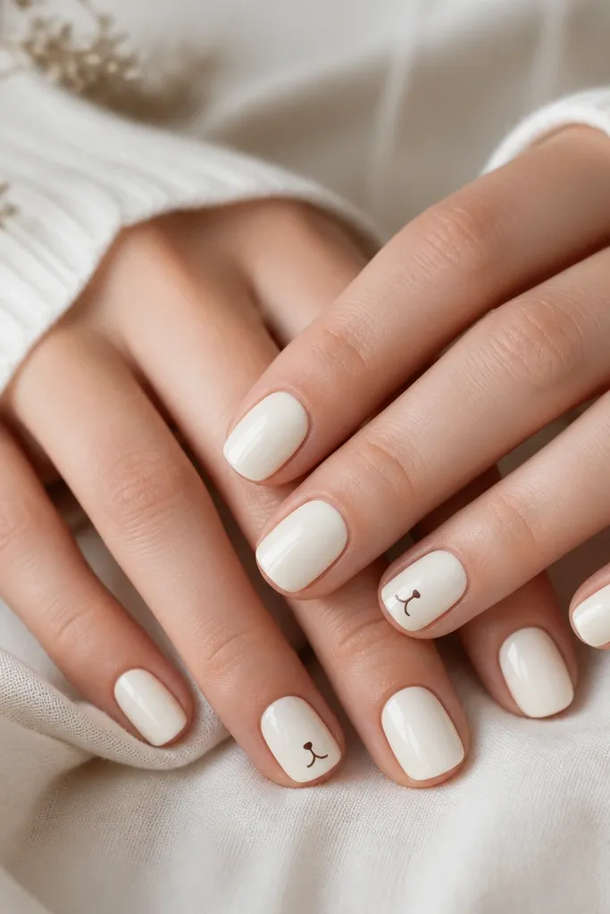 Cream base nails with a single tiny black dot near the center of two accent nails. Next to each dot is a small V-shaped mark in dark brown, like a cat nose. The rest of the nails are plain cream with glossy shine.