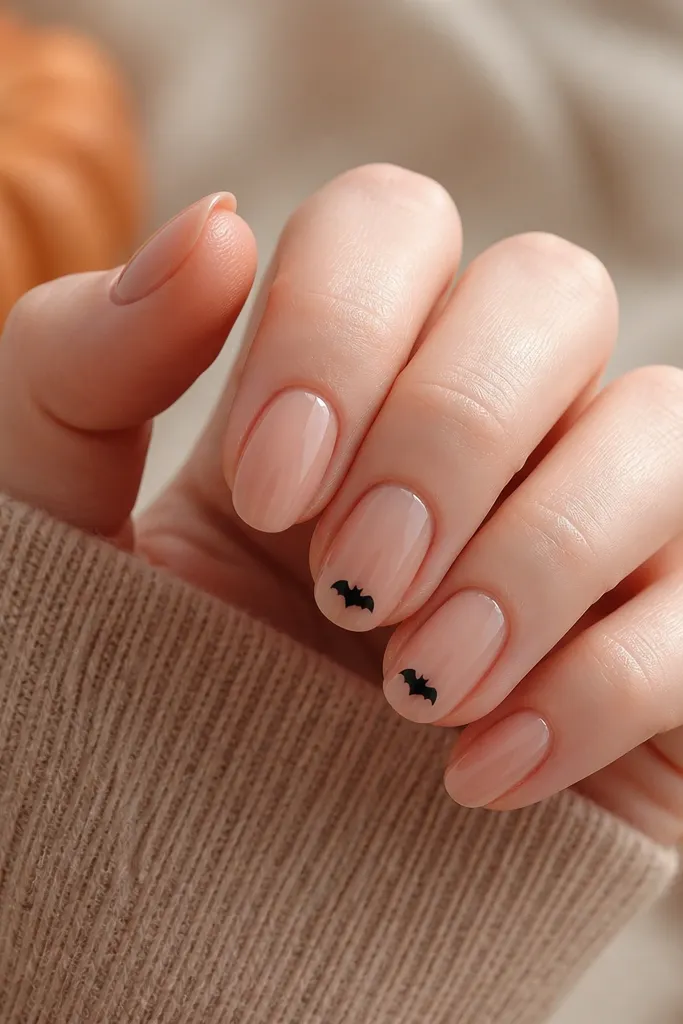 Most nails are warm nude. Two accent nails show tiny black bat silhouettes near the tip: small bodies with wing shapes like a simple M. The bat marks are about the size of a small pea and sit centered. Everything is glossy.