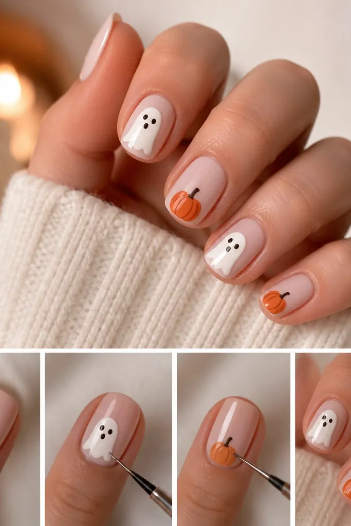Cozy warm easy simple halloween nails steps