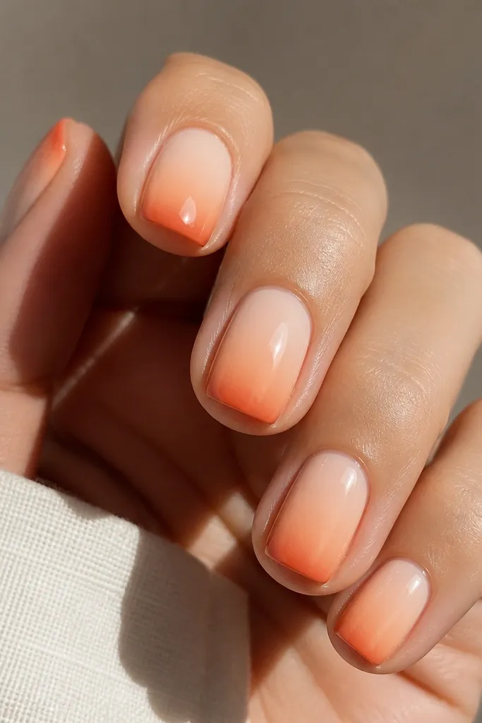 Short square nails with a smooth gradient: milky apricot near the cuticle, soft peach in the middle, and a thin burnt-orange band toward the free edge; glossy topcoat, no extra art.