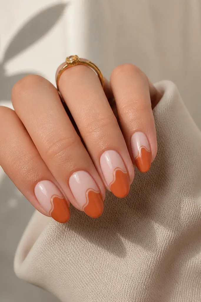 Medium almond nails over a milky nude base with a curved horizon line: peach above, burnt orange below, and a crisp thin line separating them; glossy finish.