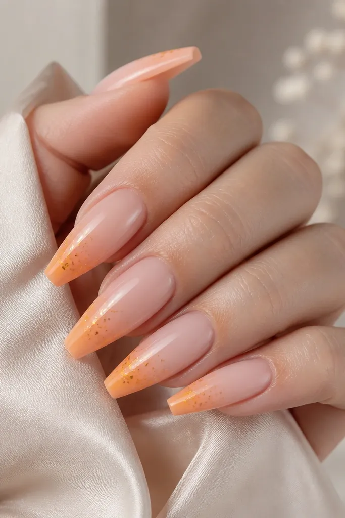Coffin nails in a peachy nude base with a soft orange gradient at the tips; each nail has sparse micro gold flakes concentrated near the gradient edge.