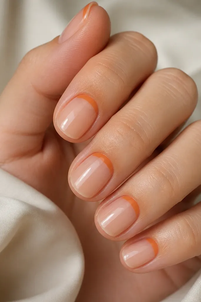 Short rounded nails with a nude base; a burnt-orange curve sits near the cuticle like a reverse French, fading into peach toward the sides; glossy topcoat.