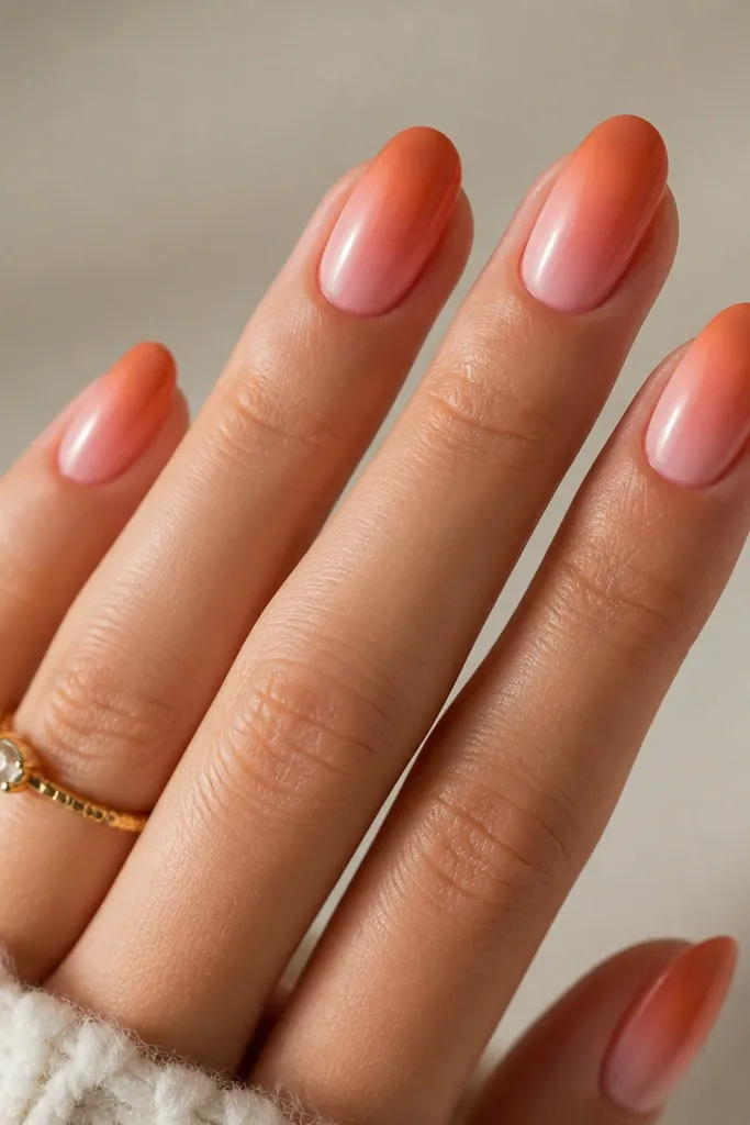 Medium oval nails with a blush-pink cuticle area that blends into peach, then into burnt orange at the tip; the cuticle area looks softly lit; glossy topcoat.
