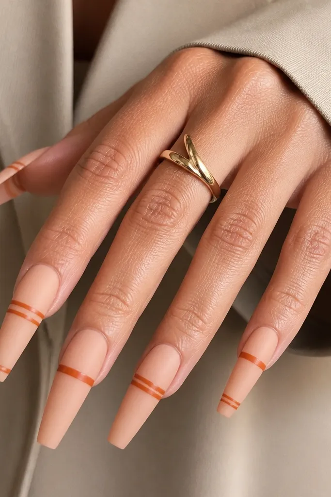 Long coffin nails with a matte peach-nude base; a single glossy burnt-orange stripe runs horizontally across each nail at mid-height; some nails have a second thin gloss stripe near the tip.