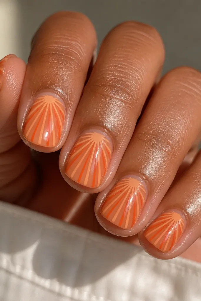 Short square nails with a translucent orange jelly base; from the center near the cuticle, thin lines radiate outward in peach and burnt orange like a sunburst; glossy finish.