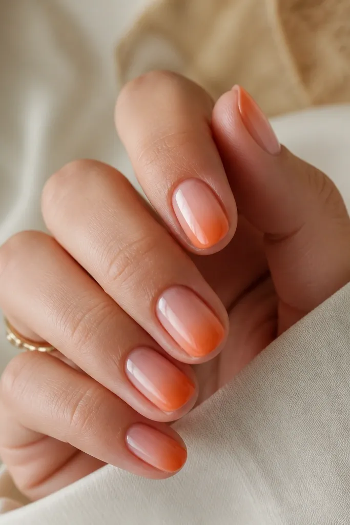 Short rounded nails with a nude base; the tip fades from peach to burnt orange like a French, with no sharp smile line; glossy topcoat.