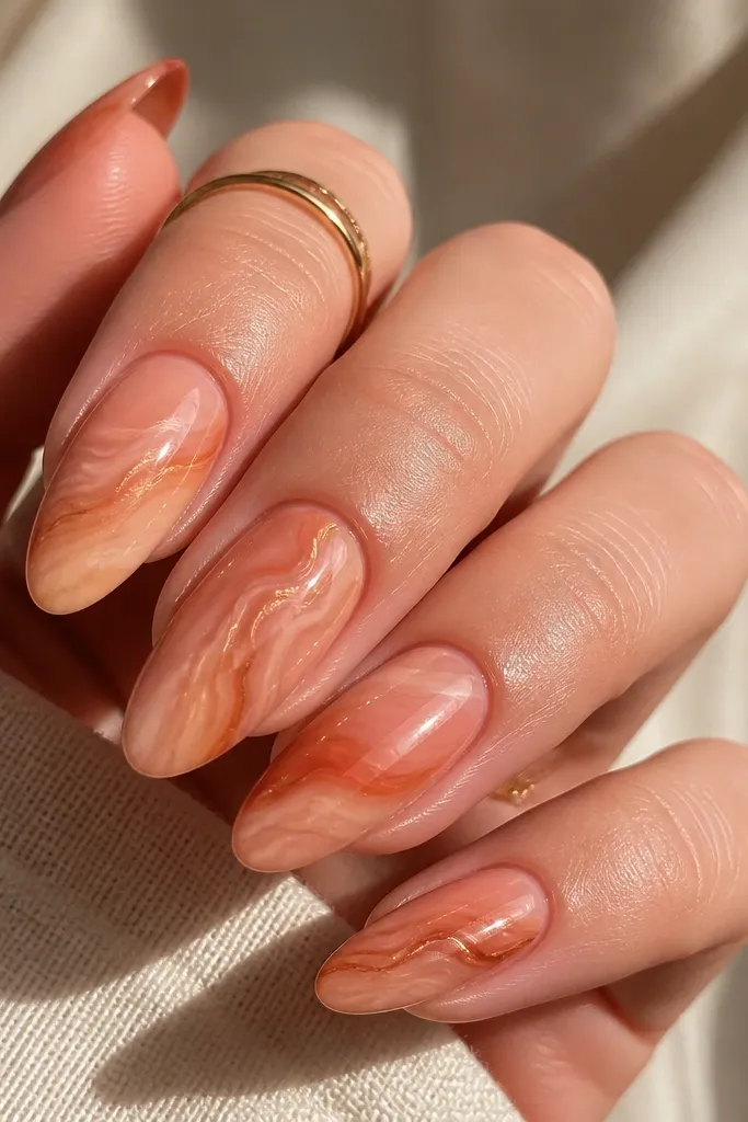 Almond nails with a peach nude base and warm orange marbling: thin swirls of terracotta and burnt orange run diagonally; glossy topcoat with a smooth finish.