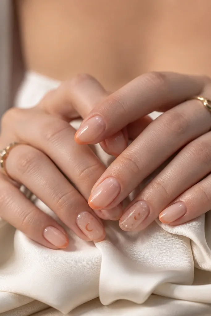 Most nails are a peach nude with a faint orange tint at the tips; two accent nails have tiny white star dots and a small crescent in burnt orange near the cuticle; glossy topcoat.