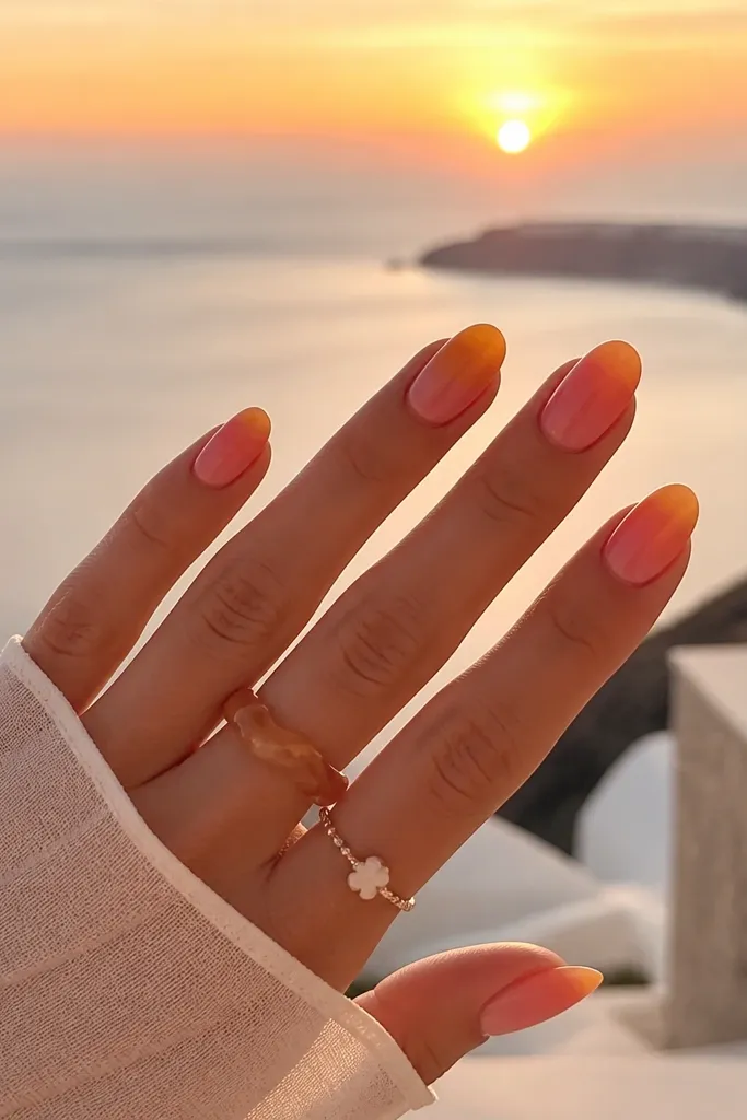 Cozy warm sunset nails for a beautiful vacation vibe