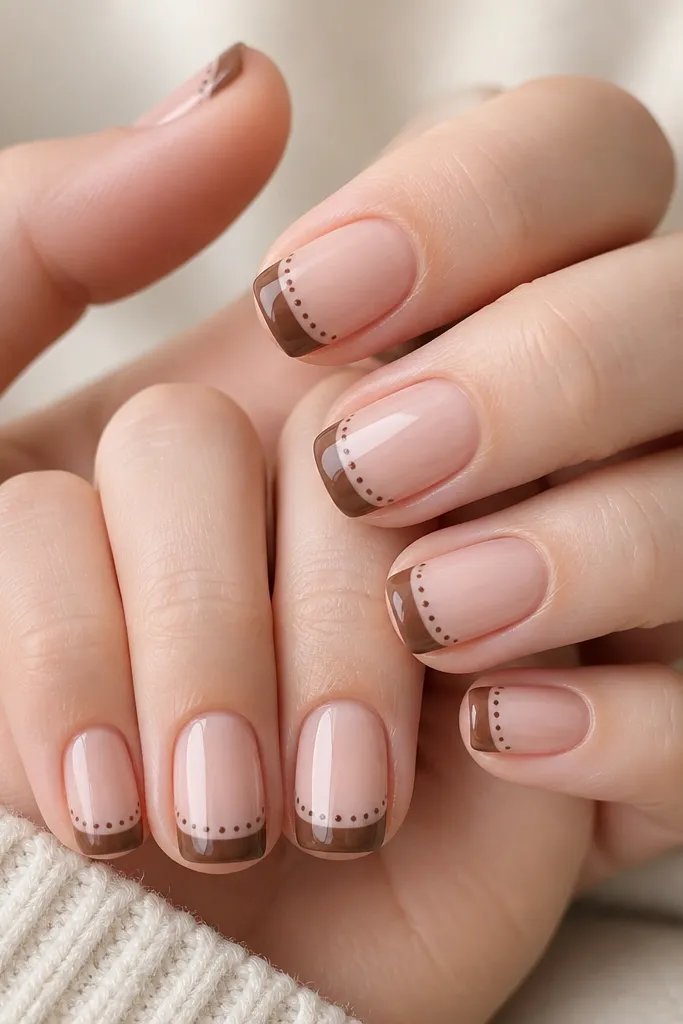 On short, square nails, the tips are painted in glossy milk-chocolate brown. A tight row of tiny micro dots sits along the inner edge of each French tip, and there's one extra single dot slightly to the outer side on each nail.
