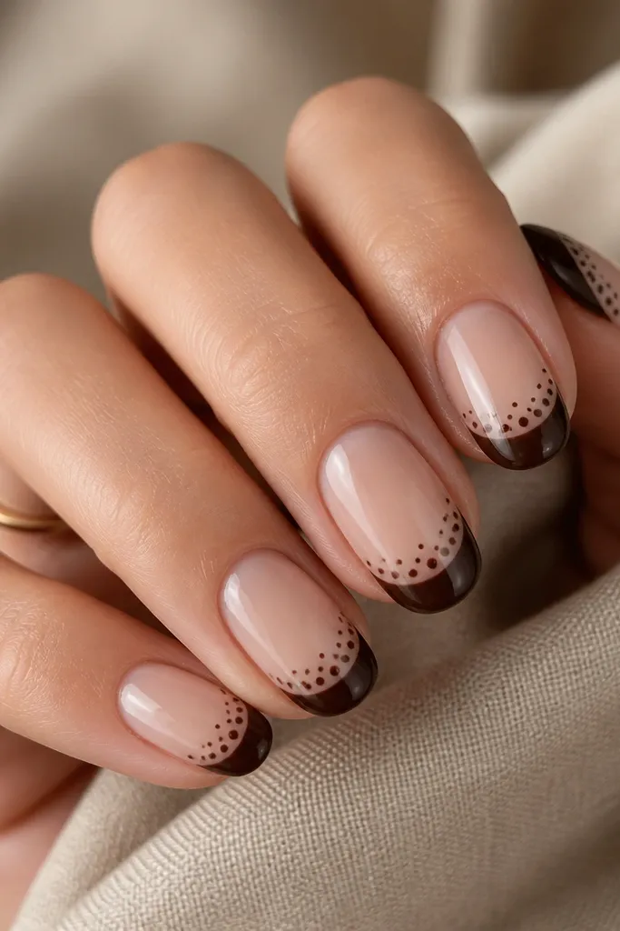 The nail has a sheer nude base. The French area forms a curved half-moon at the tip, painted deep espresso brown. Inside that half-moon, dots appear in a scattered pattern - mostly near the center curve, with a few toward the edges.