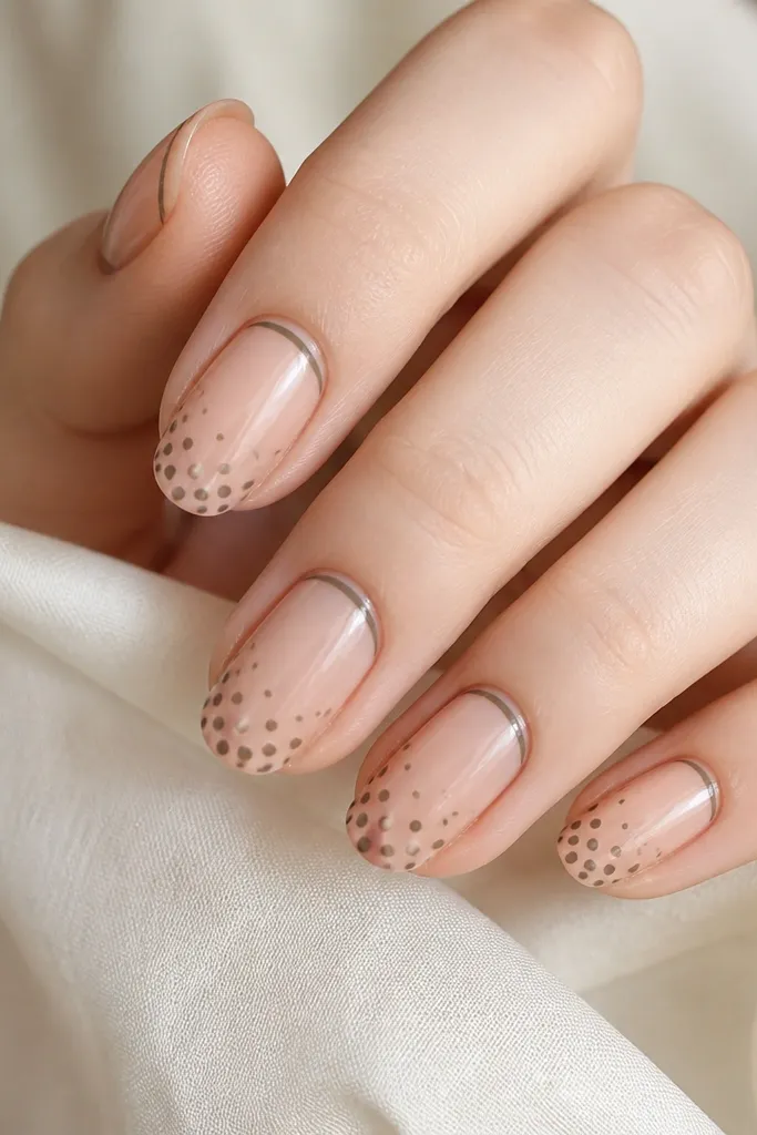 The nail base is sheer. A thin reverse French line (closer to the cuticle) is painted soft taupe-brown. On the tip area, the brown forms dots only - the dots are negative space circles punched out, so you see the nude base in clean dot holes.