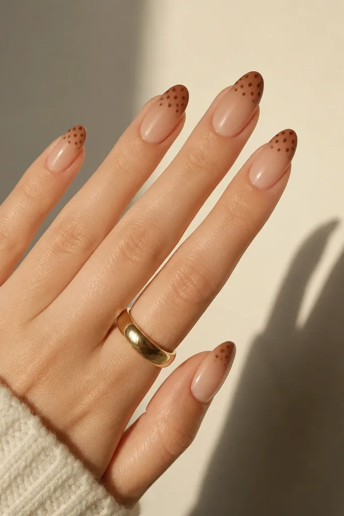 The base is sheer nude. The tip has a soft brown ombre that fades from darker at the edge to lighter toward the nail center. Over the darker edge, medium polka dots appear in a slightly darker brown, spaced evenly.