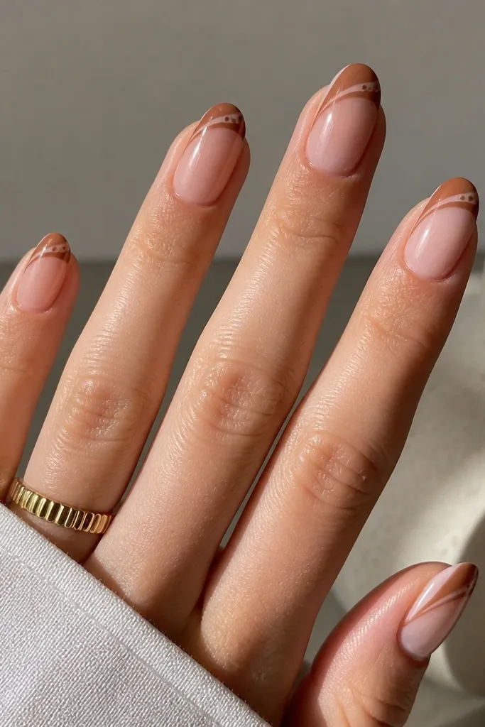 Each nail has a sheer base and a caramel brown French tip. Instead of a straight tip, the inner edge has a gentle swirl line. Only the outer corner of each tip has a small cluster of three polka dots.