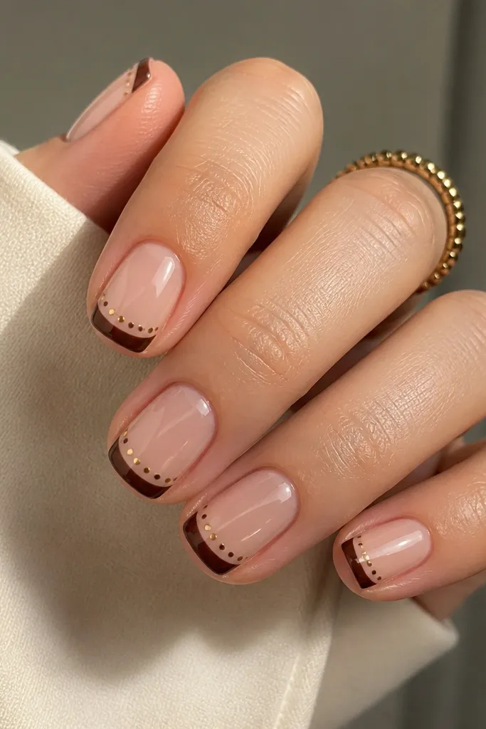 Short nails with a sheer nude base. The tip is espresso brown, glossy. Along the inner curve of the tip, there's a dot trail: alternating tiny gold flecks and small brown dots, like a dotted shimmer line.